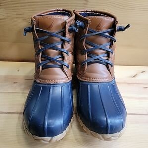 Nautica Women's Dorsay Navy & Brown Lace Up Pull On Ankle Rain Duck Boots Size 8